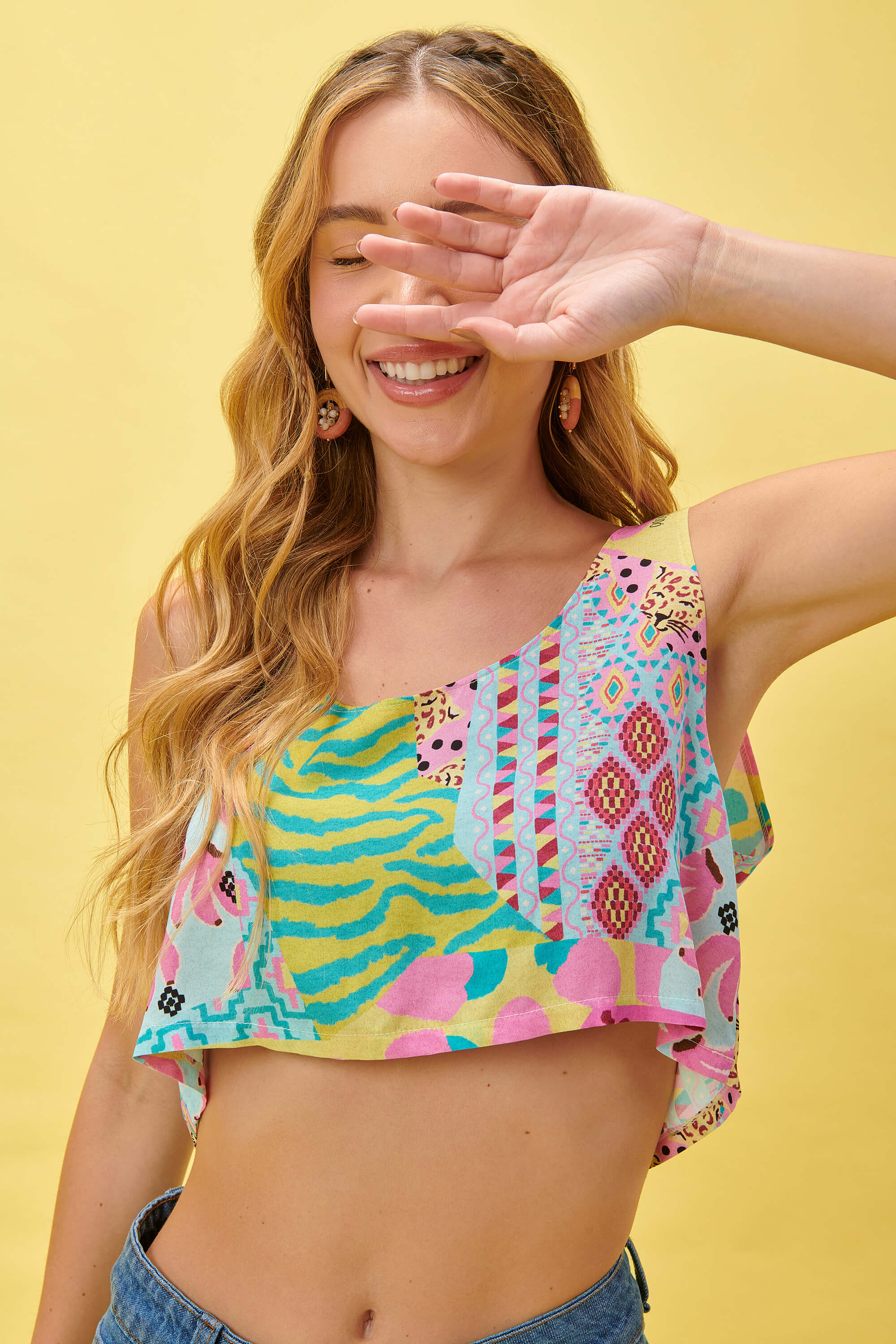 Bahia Babe Crop Top Crop with Jungle Colorful Print 100 Viscose Desire Denim M